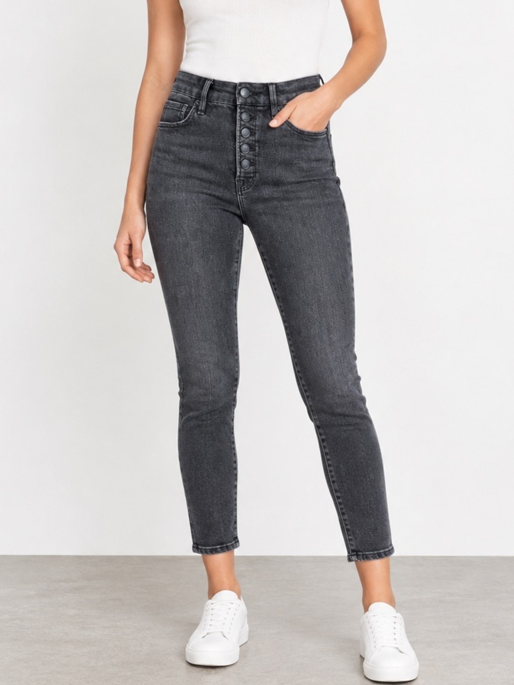 Good American Good Legs Crop Jeans 00/24 Black Gray Button Fly Skinny button fly